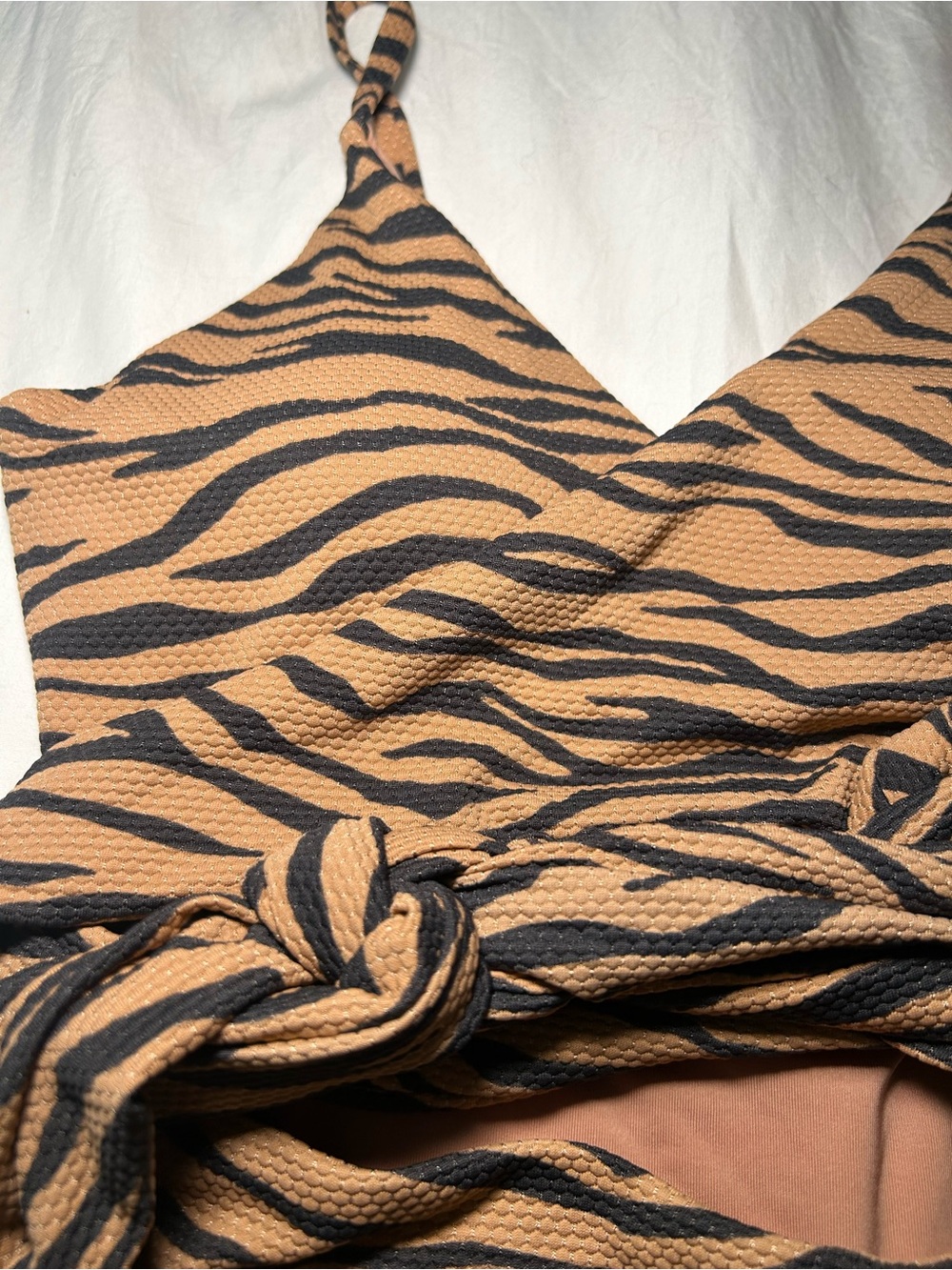 Aerie Tiger Stripe Animal Print Pique Wrap One Piece Swimsuit Tan Brown & Black - Picture 7 of 9
